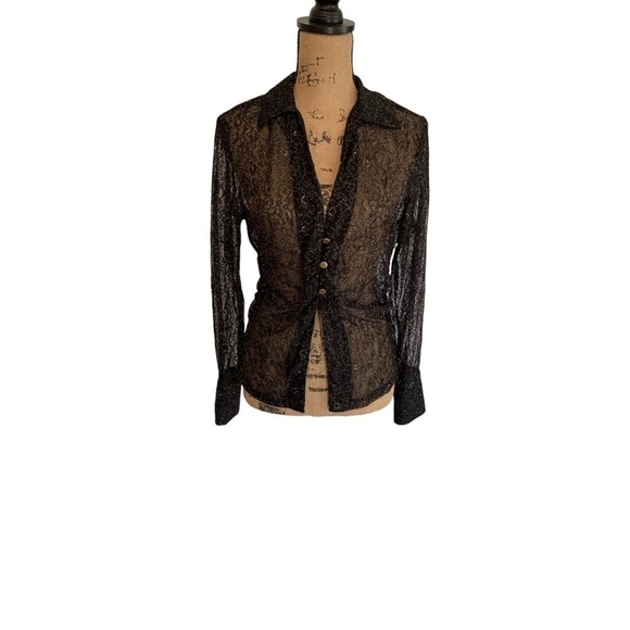 Zara Tops - ZARA Sheer Black Lace Gold Buttons Long Sleeve Blouse Top Shimmery, Large